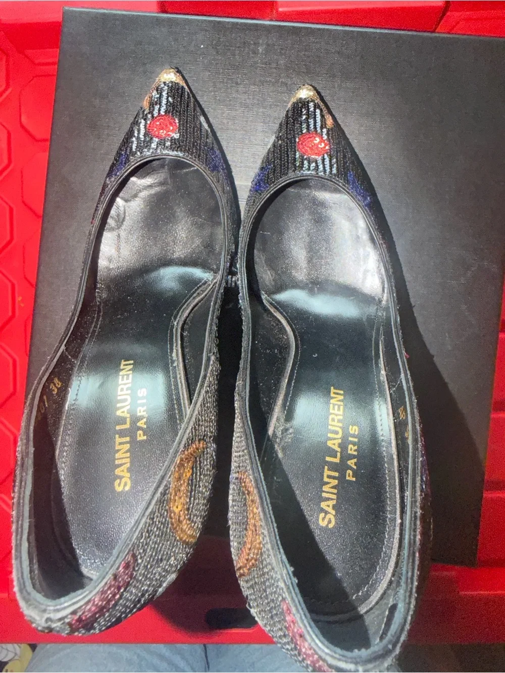 Saint Laurent Black Pointed Pumps with Multicolor Dots - Picture 2 of 9